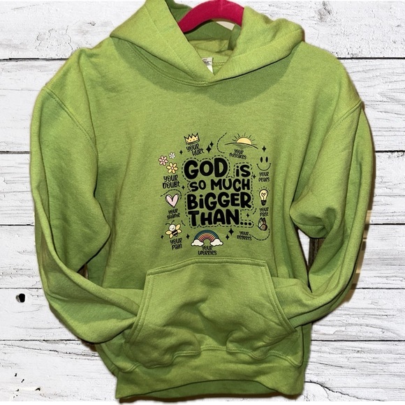 Kids Green Hoodie w/ God is So Much Bigger Than Graphic on front. Size Small - Picture 1 of 3